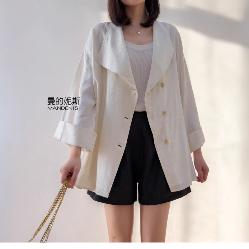 Handmade Shell Decorations! Silk Jacquard Silk Large Lapel Drop Shoulder Sleeve Blazer, Mulberry Silk Cardigan, White