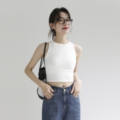 胸パッド付きへそ出しショートベスト、女性用ラウンドネック、胸をカバー、スポーツ用ワイドショルダーノースリーブキャミソールトップ