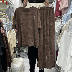 おしゃれなセットアップ 欧風重工愛心柄半袖Tシャツ ゴムウエストカジュアルワイドパンツ ツーピースセット
