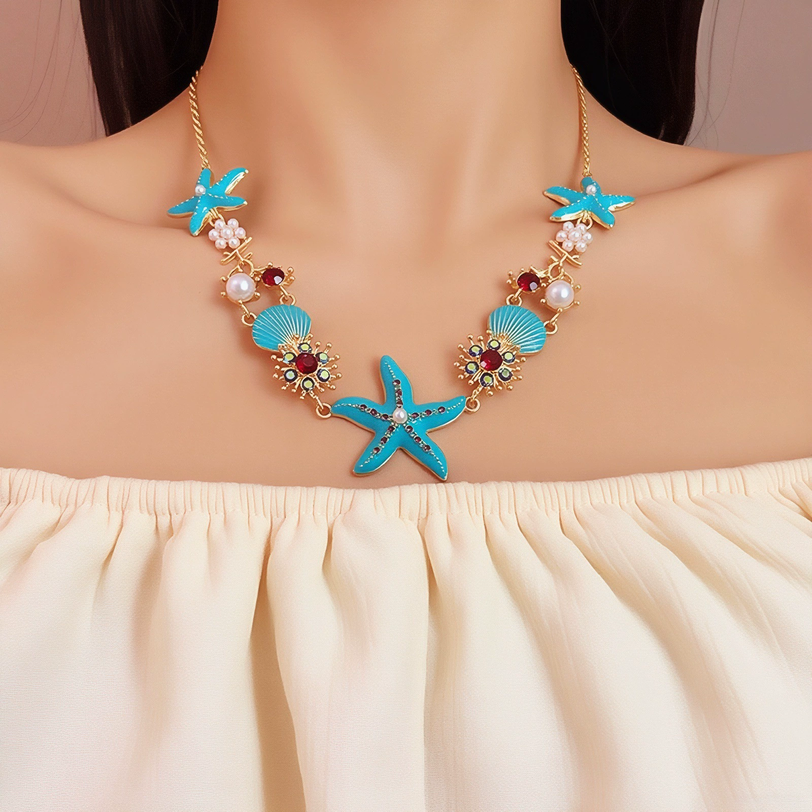 Новый пляжный браслет-ожерелье с ракушками морской звезды и кораллом, летнее повседневное ожерелье на ключице в богемном стиле