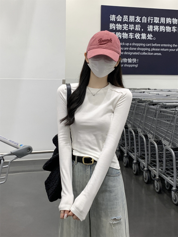 白色T恤女设计感鱼骨正肩打底衫春秋季简约基础款内搭长袖上衣潮|undefined
