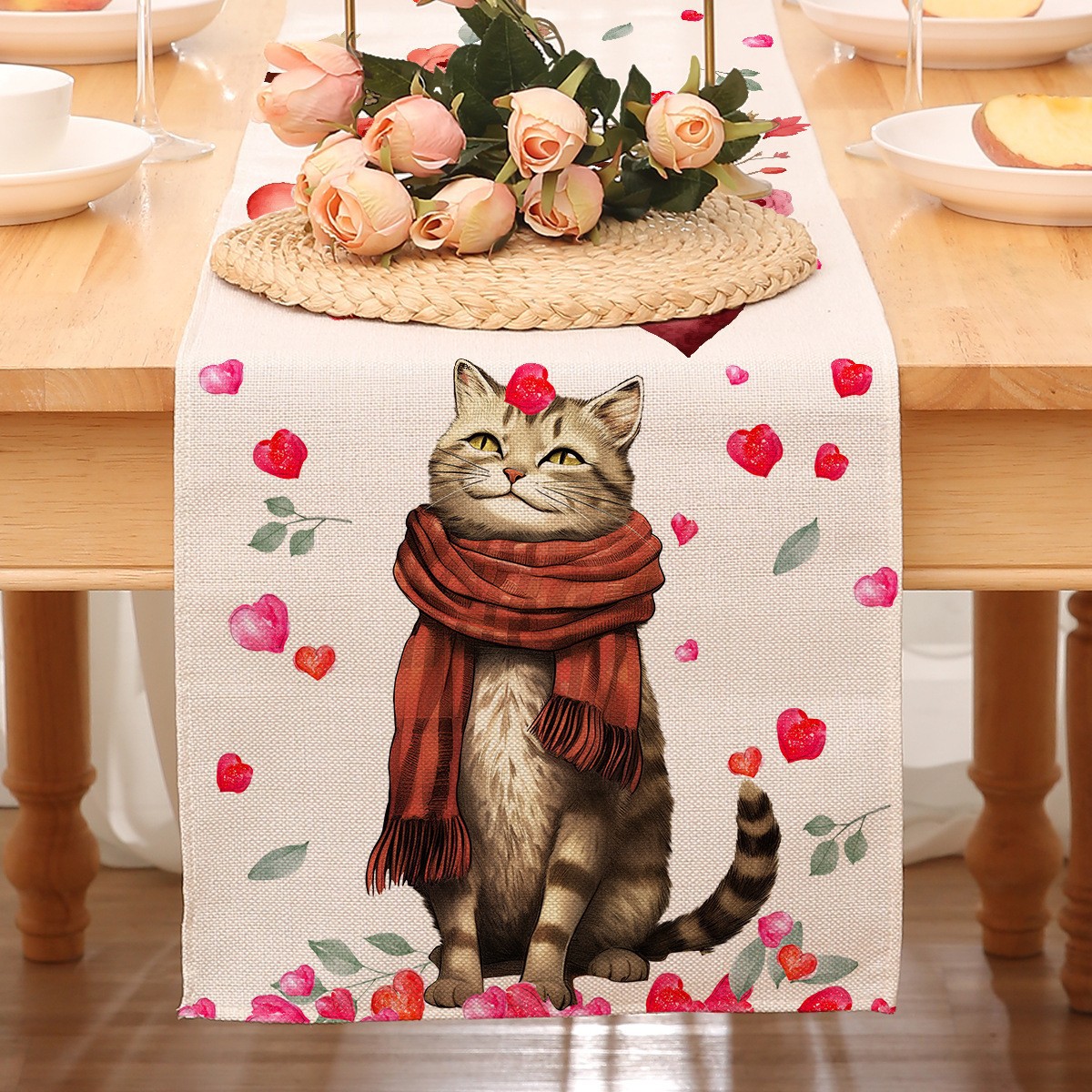 Camino de mesa temático de San Valentín para decoración transfronteriza, mantel rojo estampado de Amazon, decoración de restaurante, estilo nórdico, decoración del hogar, tira larga