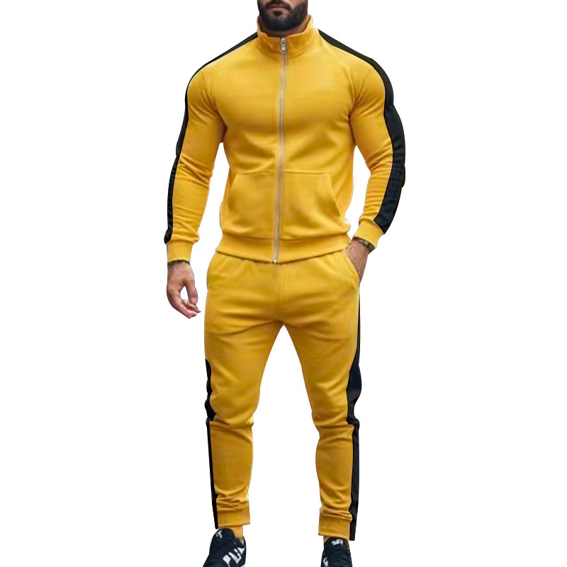 Traje de dos piezas de otoño e invierno de manga larga para hombre transfronterizo de Amazon, chaqueta deportiva casual con cuello alto en contraste, suéter, traje de hombre