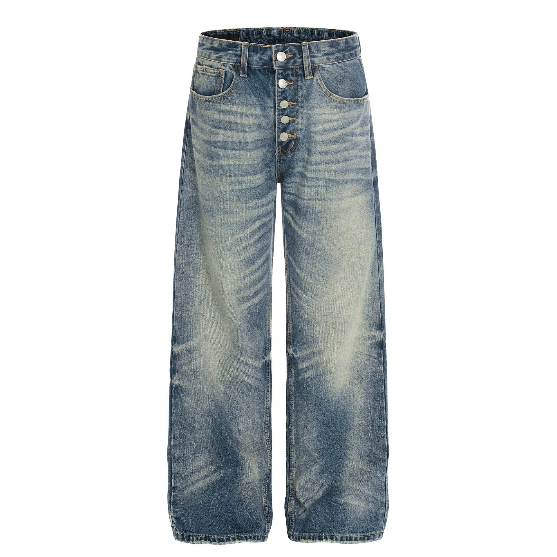 Unisex High Quality Denim Jeans High Street Retro Style Whiskered Texture Design Loose Straight Leg For Men_mkmklike.com