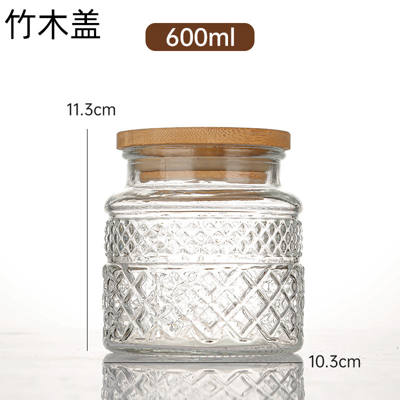 竹盖杂粮零食收纳罐透明玻璃密封茶叶罐批发复古海棠花浮雕糖果罐|undefined