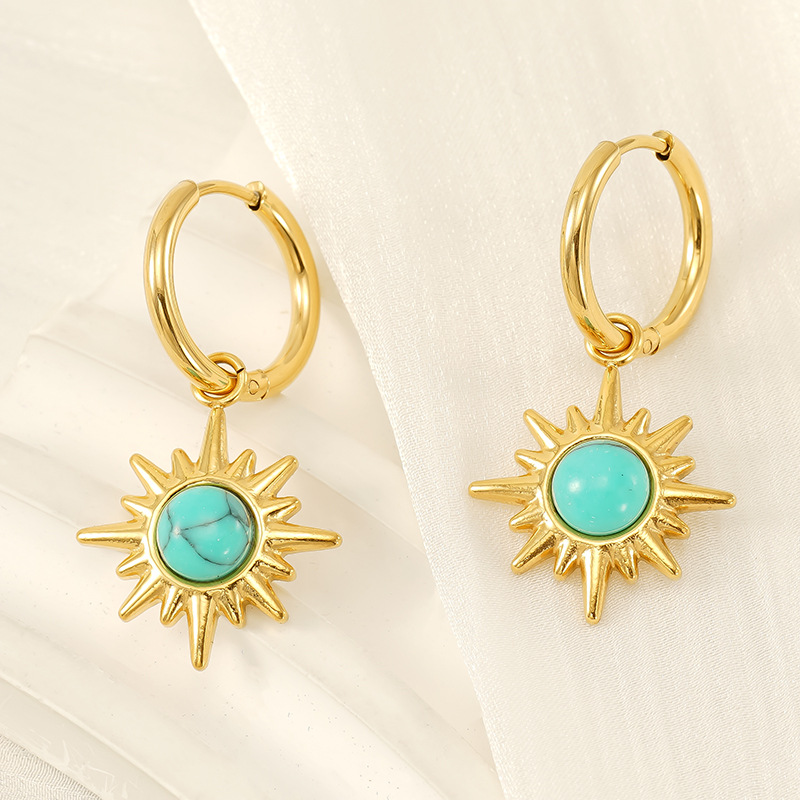 Pendientes de turquesa azul de alta calidad de estilo INS europeo y americano para mujer Pendientes de acero inoxidable de estrella de ocho mang retro dorado de 18 quilates al por mayor