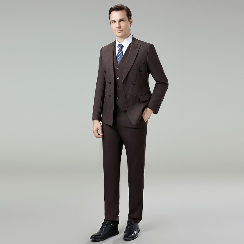 Men's Double-Breasted Suit Business Wool Formal High-End Business Men's Khaki Striped Wedding Suit