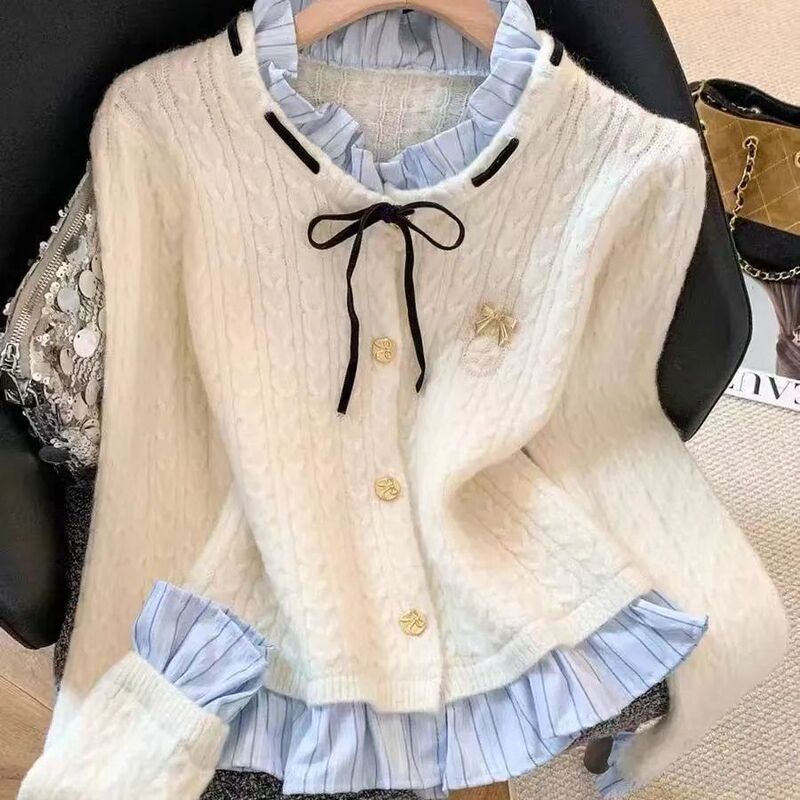 Korean-style fashionable and elegant design, featuring a faux two-piece shirt and knitted cardigan, new women’s clothing, chic top, trendy