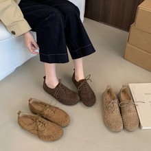 复古绒面圆头系带平底单鞋牛津鞋2025新款英伦风豆豆鞋女