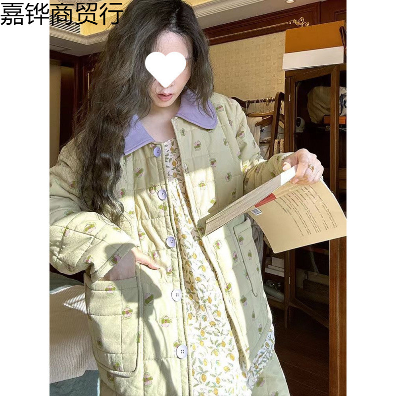 신상품 가을 겨울 3겹 두꺼운 따뜻한 면 파자마 여성 산호 양털 꽃무늬 홈 의류 정장 겨울