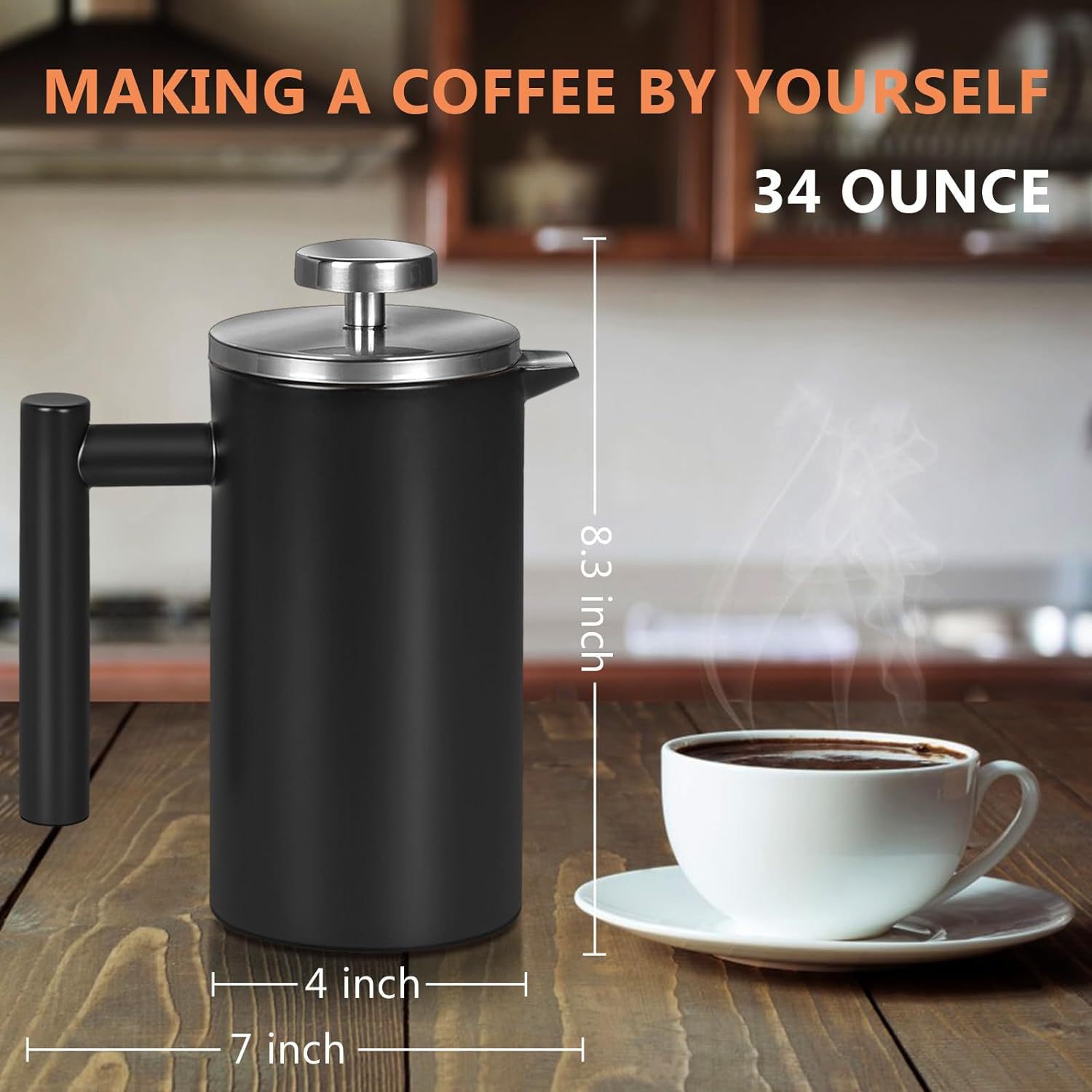 Olla de presión francesa de doble capa de acero inoxidable 304, cafetera de descarga manual al aire libre, tetera, tetera, tetera, fábrica de cafetera de presión