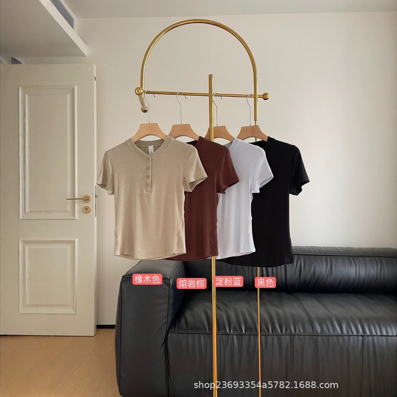 Lulu Holdtight Ribbed Henley Modal Five-Button Round Neck Henley Shirt Stretch Short-Sleeved T-Shirt