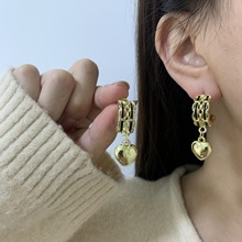 韩国气质个性简约百搭耳钉耳饰品法式复古双层皮革链条爱心耳环女