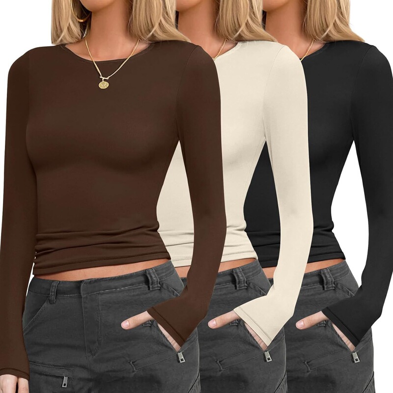 Cross-Border European and American Tops, Autumn Cross-Border T-Shirts, Round Neck, Sexy Long-Sleeve Pullover, Milk Silk Base Shirt for Women, High-End Feel