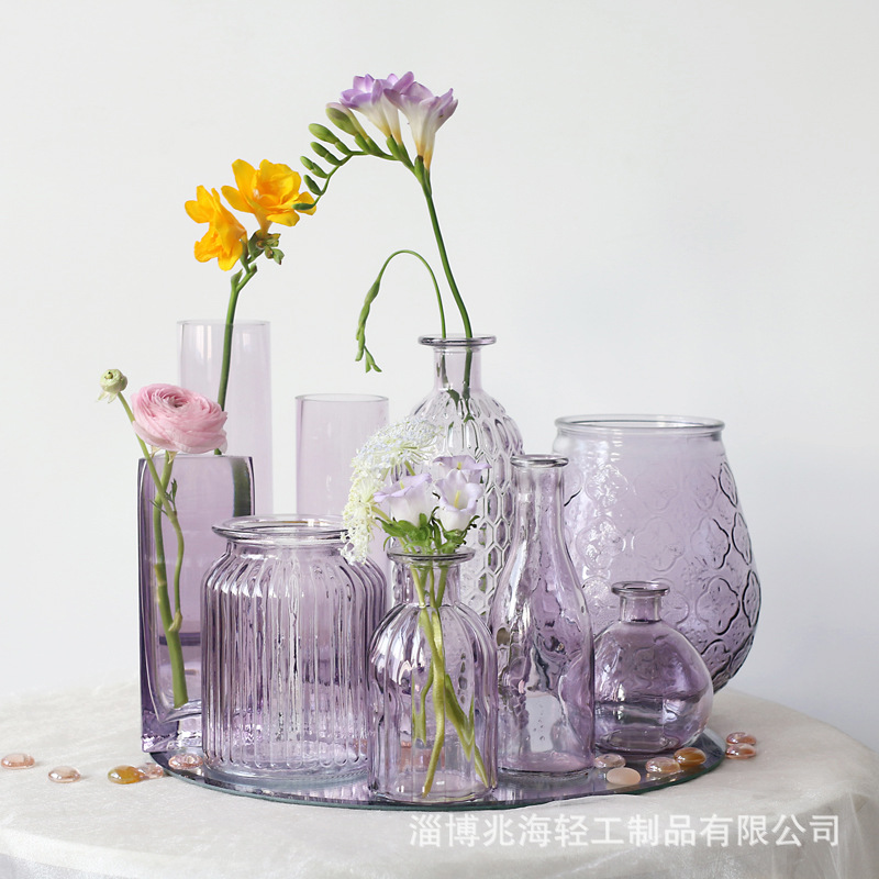 French romantic purple triangle relief glass vase small fresh -fresh…