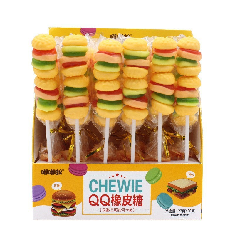 Cartoon hamburger sugar soft candy sticks lollipop popular small snacks rubber candy food candy children kids snacks wholesale