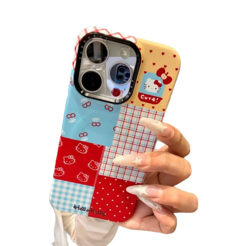 卡通线条格纹樱桃猫咪适用iphone16promax苹果15pro手机壳华为p70|undefined