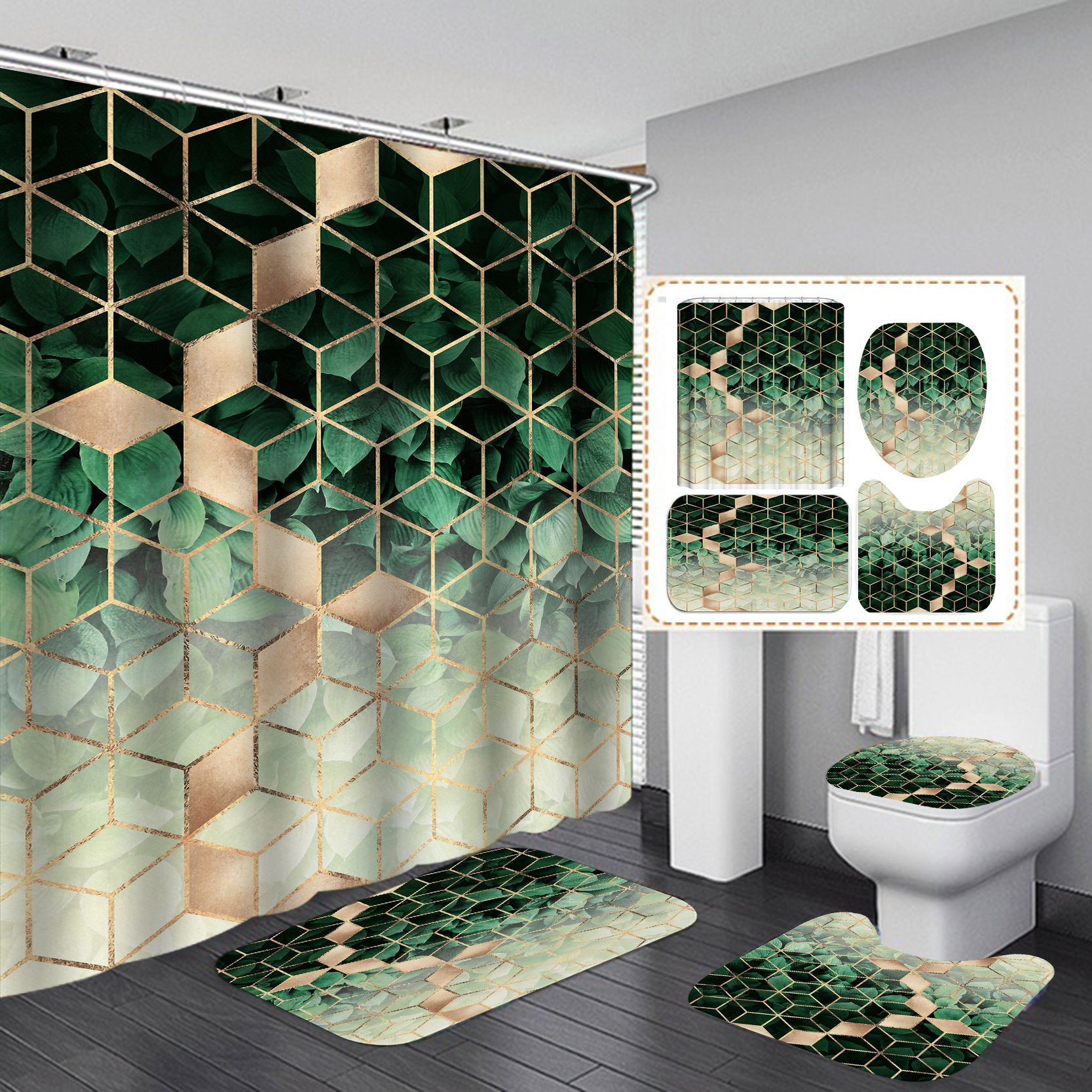 Comercio electrónico transfronterizo HD impresión digital geométrica textura de mármol baño cortina de ducha fuente de entrega cortina de ducha conjunto de cuatro piezas