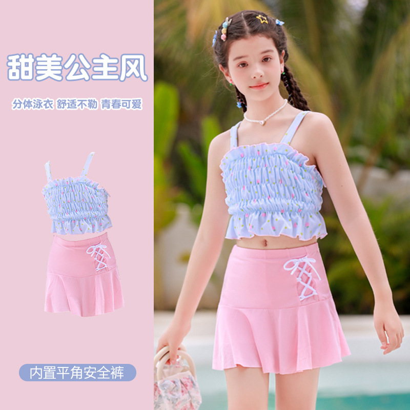 trajes de baño de niñas ins niños grandes 2025 nuevos estudiantes de estilo de cinturón split falda de niñas vacaciones trajes de baño de aguas termales de ángulo plano