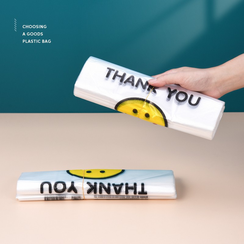 50 bags per bundle smiling plastic bags with handles, thick transparent takeout packing for fruit stores and supermarkets, vest bags