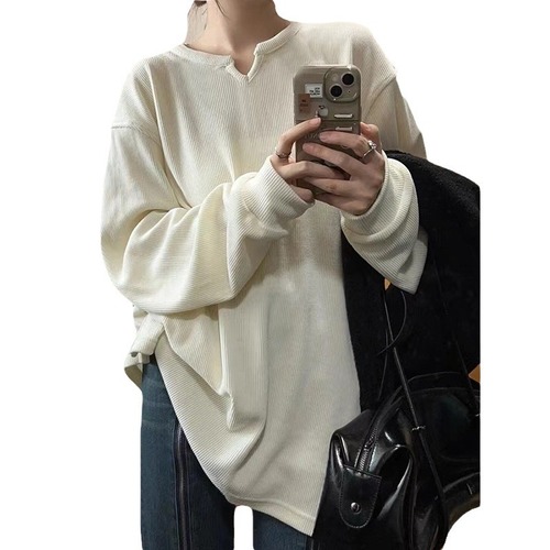 American Retro Long-Sleeve T-Shirt Base Shirt for Women - Spring and Autumn 2024 New Design, Unique, Medium-Length Loose Top