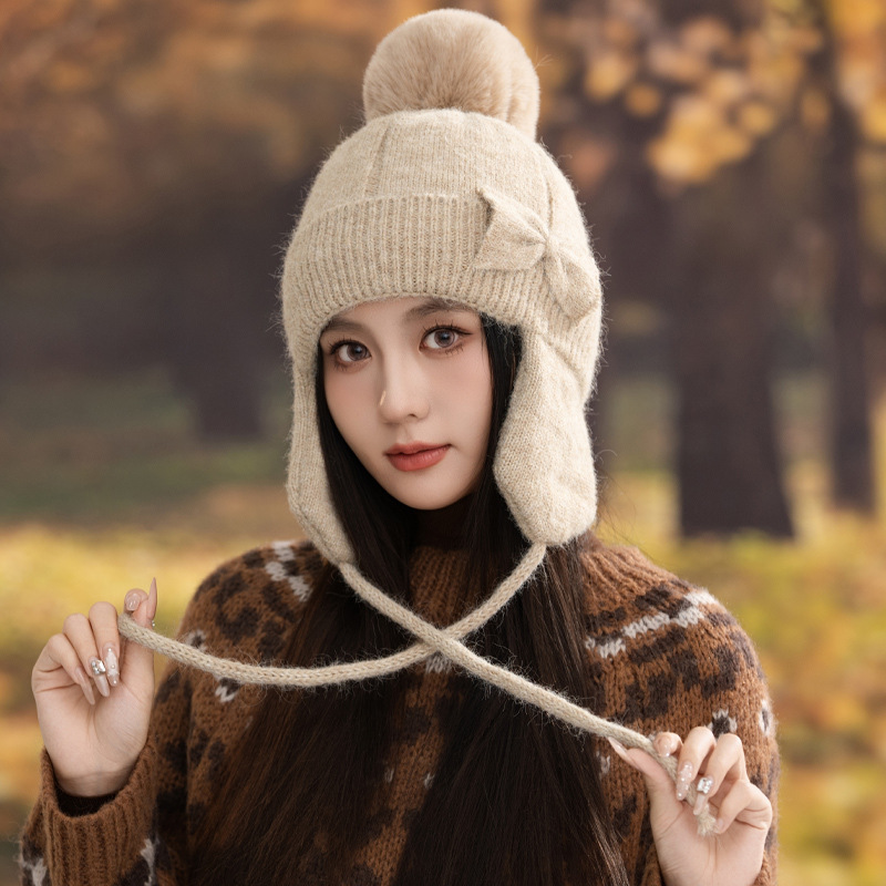 冬天帽子女甜美可爱护耳毛线帽大毛球蝴蝶结针织帽加绒加厚包头帽|undefined