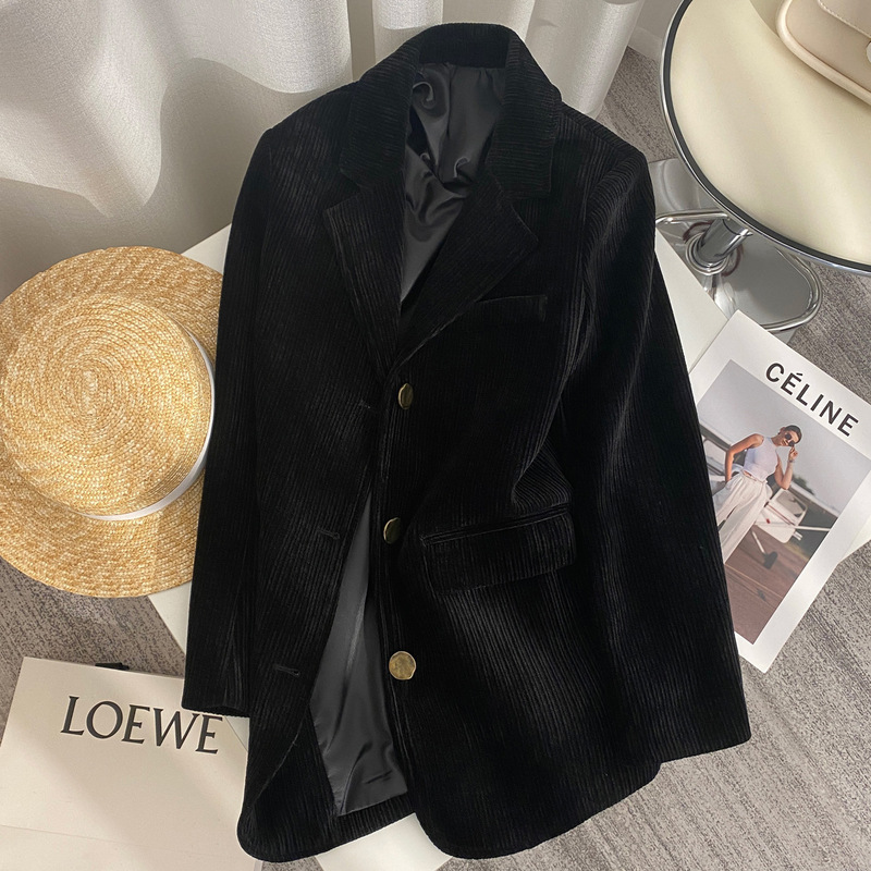 Black Corduroy Blazer for Women, 2025 Autumn and Winter New Style, High-End Goddess Style, Eye-Catching, Versatile and Slimming