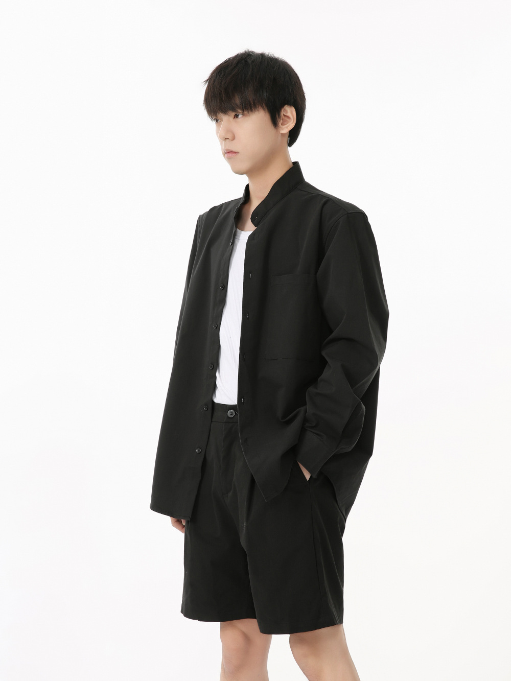 MTLCLOTHES Hombres| Camisas de color sólido coreanas, pantalones casuales de cinco puntos, moda diaria de traje de viaje