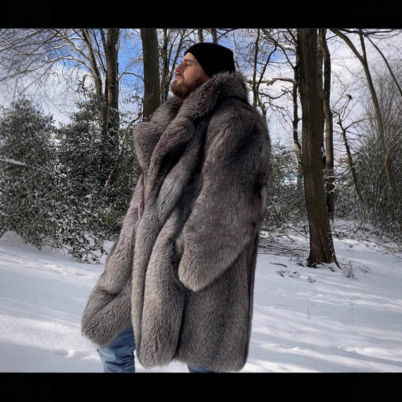 Men's Fur Outwear Imitation Fox Fur Long Outwear Trendy Men's European and American Large Size Winter Thickeneded Warm Mink Windbreaker