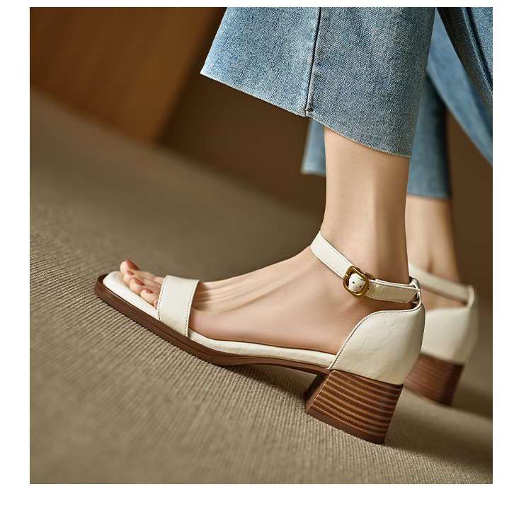 Sandal quai ngang nữ gót thô da thật kiểu Pháp, đế mềm hở ngón — Màu đen, Màu trắng be chi tiết 12
