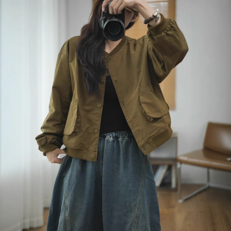 日系工装棒球领短外套女 2025秋新款韩版宽松休闲口袋夹克 8307|undefined