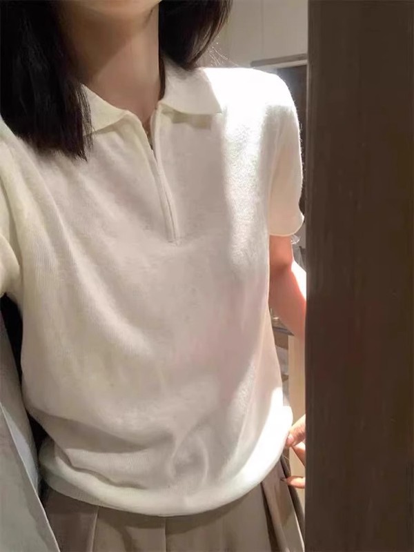 6752 # グレーアメリカンハーフジップポロシャツレディース夏スリムラペル右肩ニット半袖Tシャツデザイン|undefined