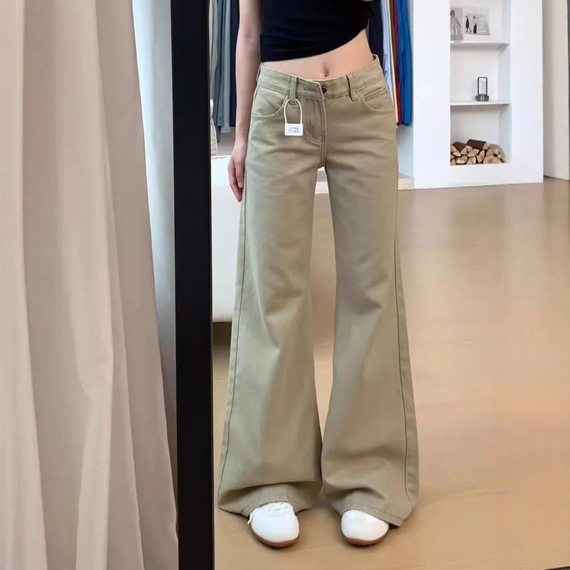 美式复古卡其色低腰微喇牛仔裤女秋季新款百搭宽松显瘦阔腿长裤子|undefined