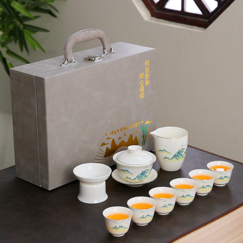 White Ceramic Lambid Jade White Porcelain Gongfu Tea Set Gift Box Complete Cover Bowl Home Business Gift Wholesale LOGO