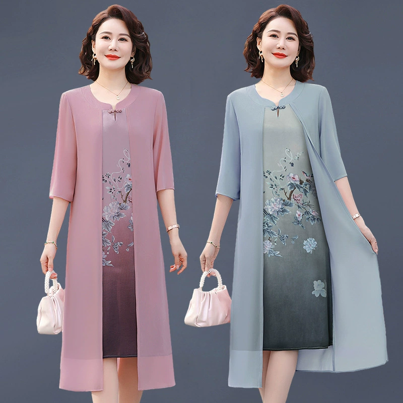 Летнее платье для мамы среднего возраста, новая модная шифоновая элегантная юбка из двух частей с короткими рукавами для женщин среднего и пожилого возраста