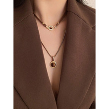 TEMU海外仓新款代发 Women Necklaces 虎眼石吊坠多层项链休闲款