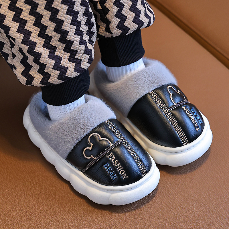Children's Slippers Winter Cartoon Warm fleece-lined Thickened Leather Waterproof Non-slip Men's and Women's Baby Cotton Shoes