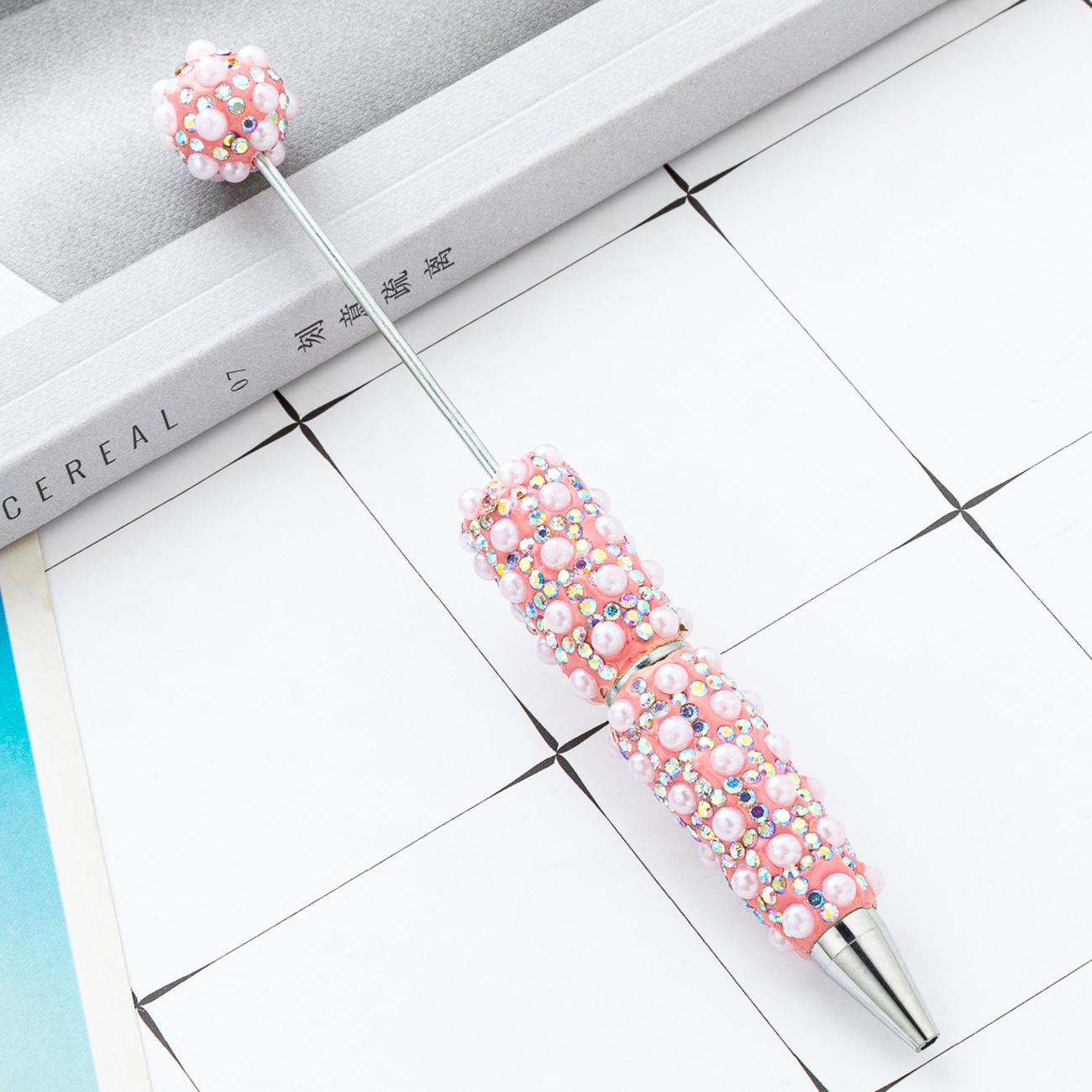 Bolígrafo con cuentas de perlas lleno de diamantes de bricolaje, bolígrafo con cuentas de perlas de diamantes pegados a mano, bolígrafo con cuentas de plástico multicolor