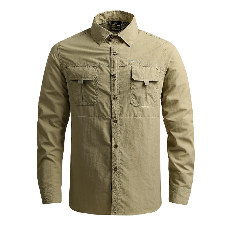 Camisa de manga larga de primavera y verano, ropa de trabajo multibolsillos para hombres, camisa de color sólido, ropa de secado rápido para exteriores, chaqueta de trabajo holgada de gran tamaño