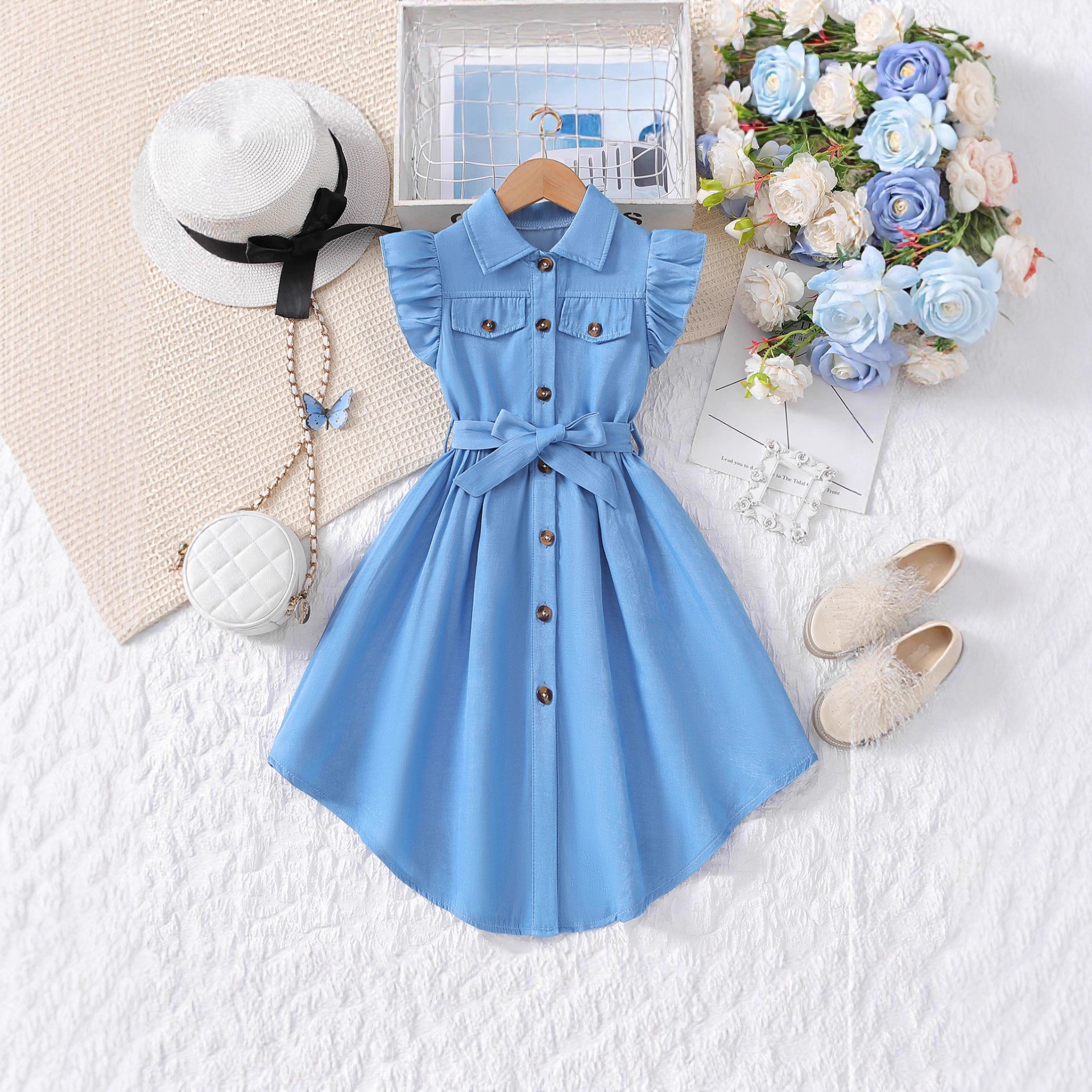 Cross-Border Girls Summer Dress Lapel Ruffle Sleeves Waist Tie Single-Breasted Blue Style Children's Dress