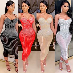 X3805 cross-border new European and American fashion women's clothing Party nightclub mesh perspective rhinestone Diamond strap dress