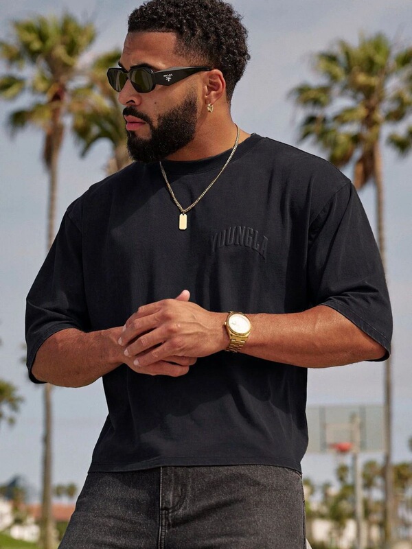 YOUNGLA Men's Oversized T-shirt Foam Printed Pure Cotton Short Sleeve American Sports Fitness Casual Top