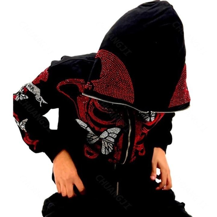 Felpa con cappuccio hip-hop larga con stampa teschio cartoon autunno e inverno 2022 nuovo stile_voghion.com