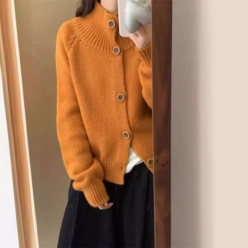 韩系纯色软糯针织开衫女春秋新款设计感洋气百搭简约立领毛衣外套