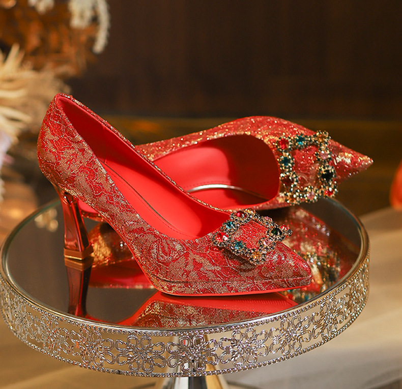 Giày cưới cao cấp mũi nhọn gót cao đế xuồng chống thấm kiểu stiletto — satin đỏ chi tiết 9