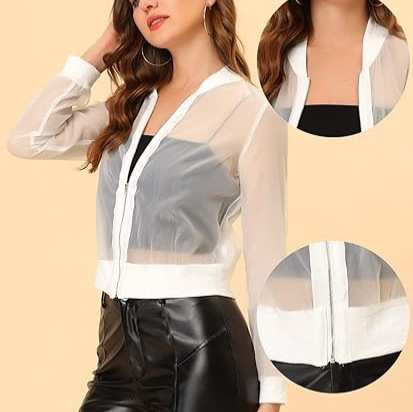 Mesh Transparent Jacket for Women, See-Through Long-Sleeve Zip-Up Bomber Jacket, Hazy and Breathable, Fashionable and Eye-Catching