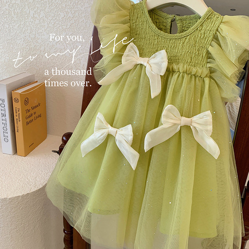 2024 new summer girls' dress, fashionable and comfortable gauze skirt, mesh princess dress, baby flying sleeve skirt