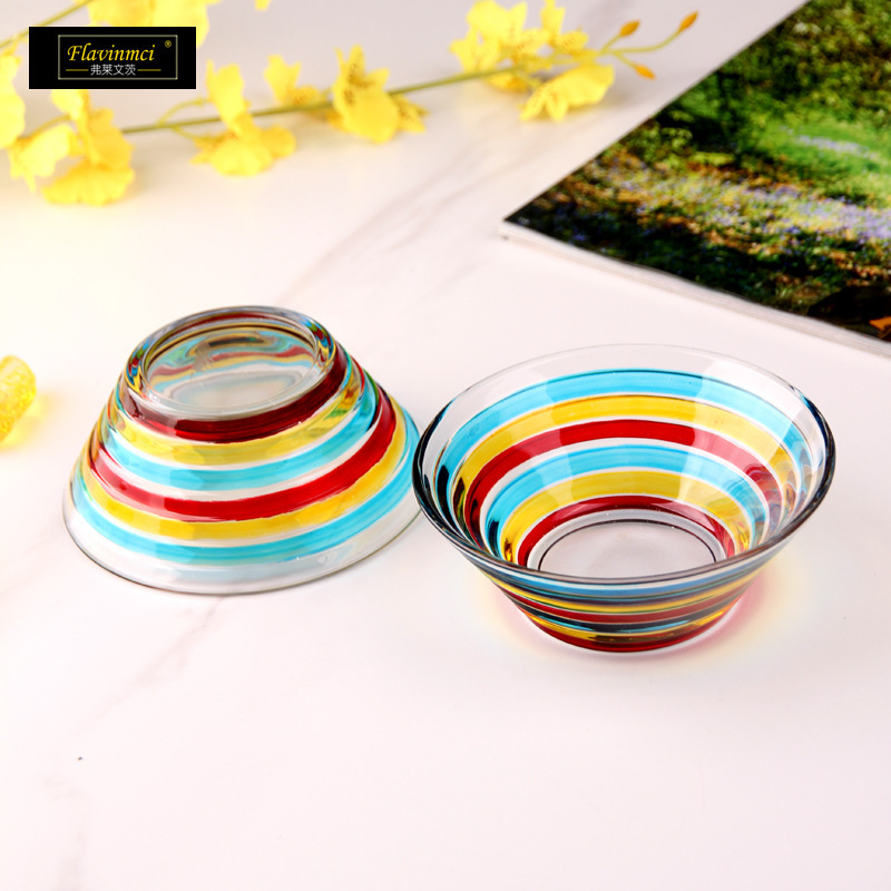 Colorful Striped Glass Bowl Rice Soup Bowl Restaurant Tableware Nordic Style Color Dessert Bowl Yogurt Bowl Household Rice Bowl