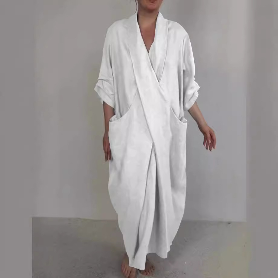 2025 Autumn Hot-Selling Independent Foreign Trade Platform Item: Linen Bathrobe Dress, Solid Color, Casual, Large Pockets, V-Neck, Slit Design 2025 Autumn Hot-Selling Independent Foreign Trade Platform Item: Linen Bathrobe Dress, Solid Color, Casual, Large Pockets, V-Neck, Slit Design