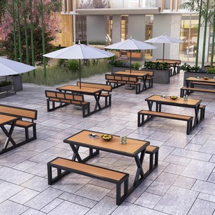 Outdoor Courtyard Open-Air Waterproof and Sun-Proof One-Piece Table and Chairs Outdoor Commercial Dining Table Plastic Wood Backrest Long Table and Chair Combination